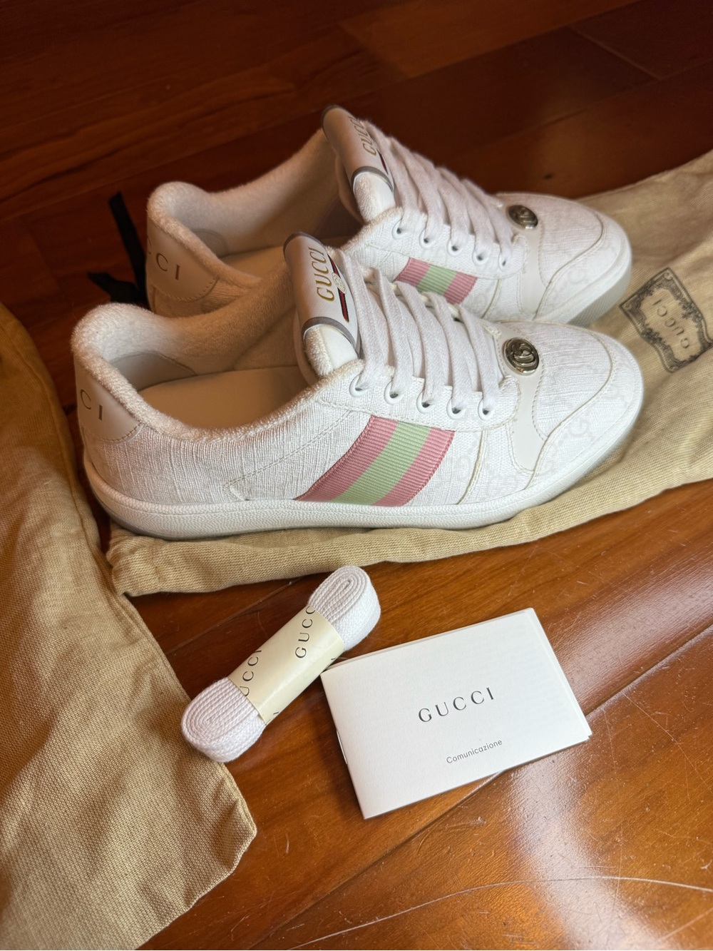 Gucci White Sneakers with Pink & Mint Web Stripe Size 5